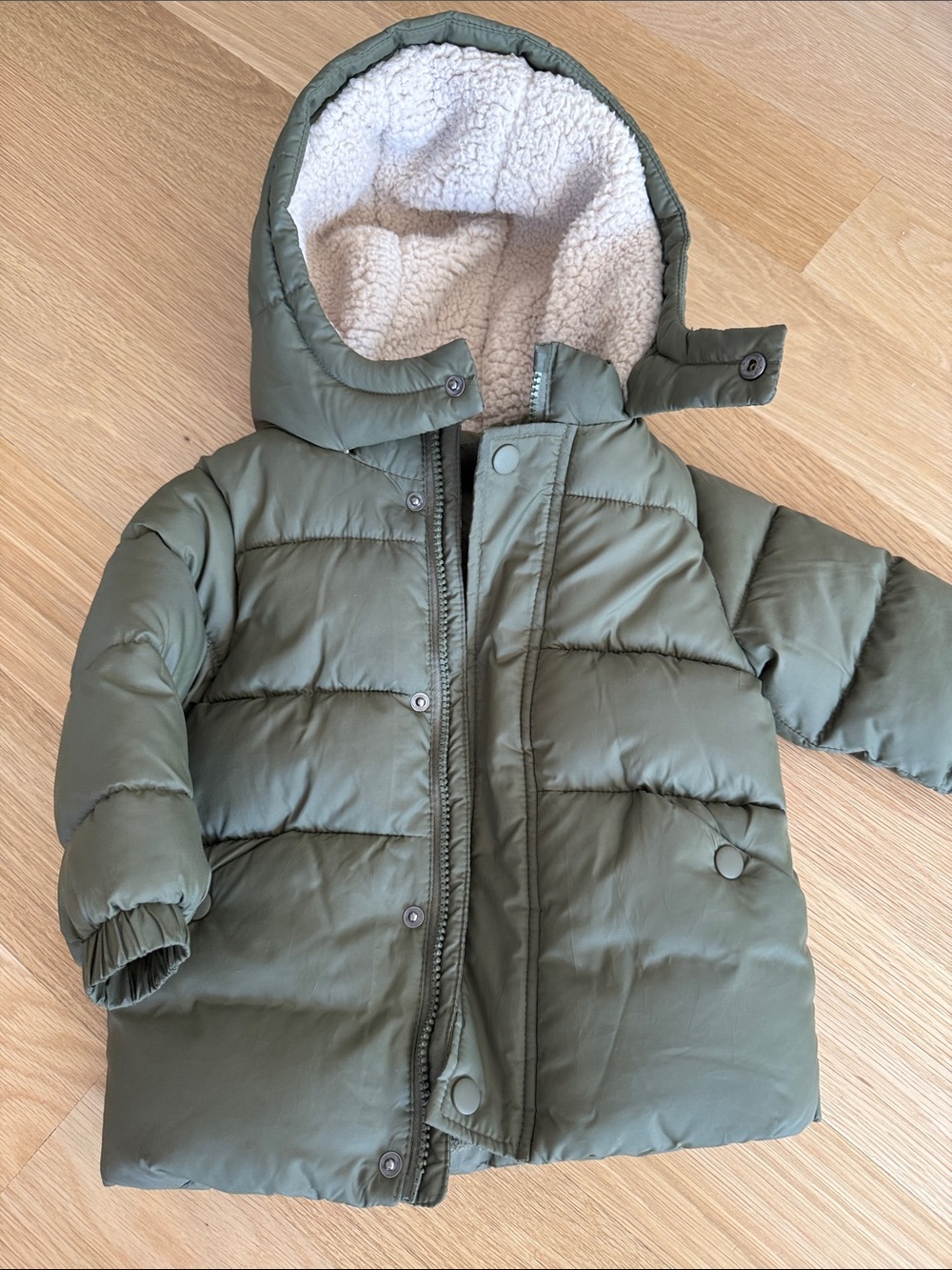 Baby Mango Olive Green Puffer Hooded Coat with Sherpa Lining